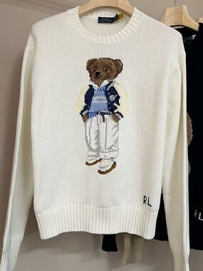 Polo Ralph Lauren Cream Crewneck Sweater Varsity Jacket Polo Bear Intarsia Knit